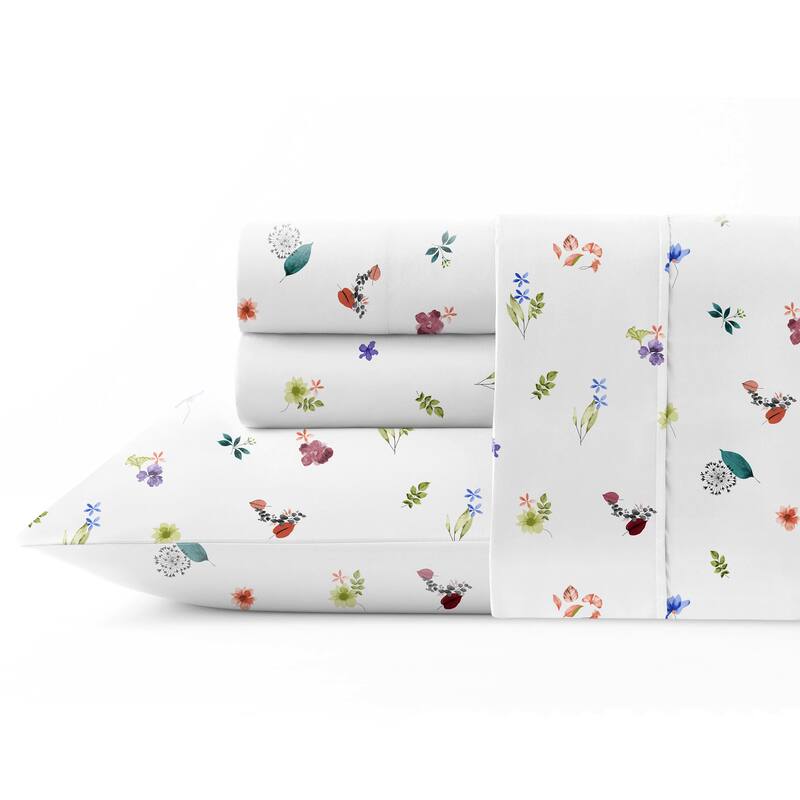 Pointehaven Crisp Percale Printed Long Staple Combed Cotton Sheet Set - Floral Garden - King