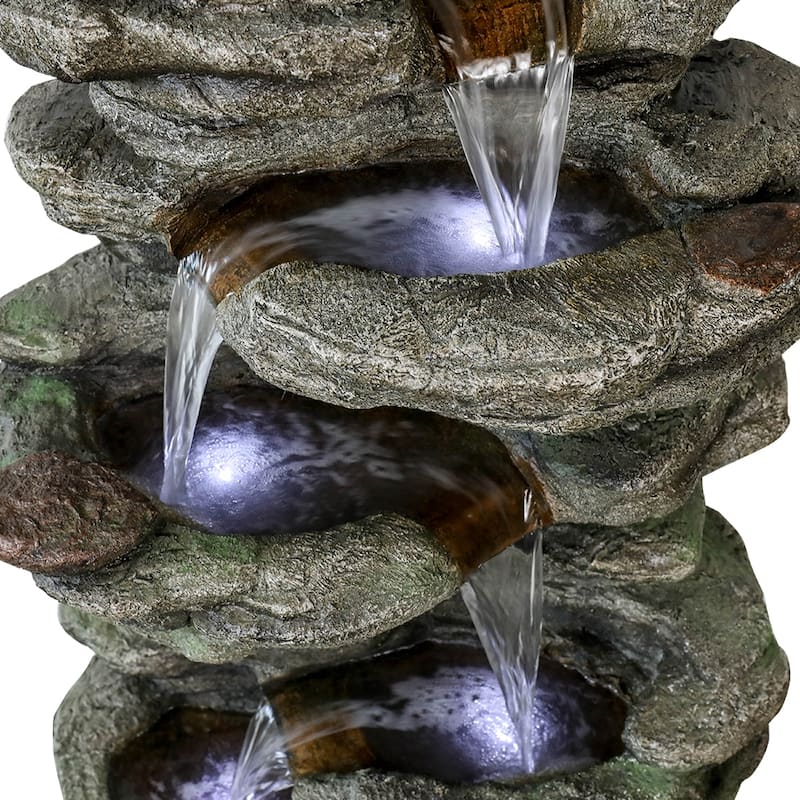 40" High 6-Tiers Cascading Rock Outdoor Water Fountain with LED Lights