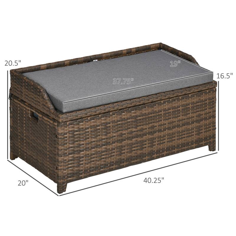 Outdoor Wicker Storage Bench Deck Box Pool Container Storage Box with Interior Waterproof Bag 2 Side Handles and Cushion