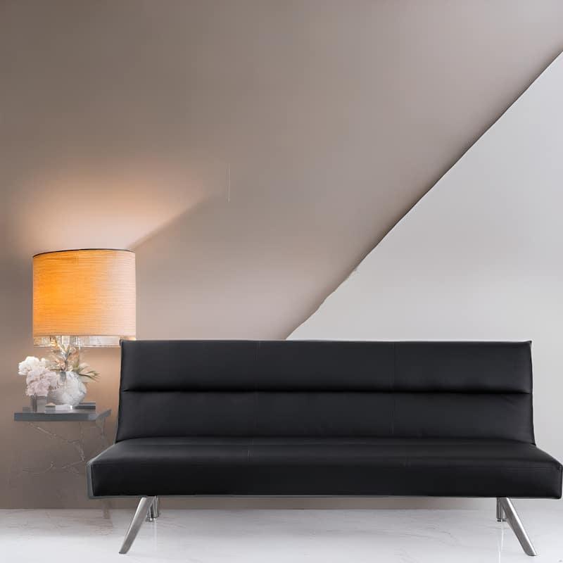 Modern Faux Leather Futon Sofa Bed - Convertible Folding Couch with Chrome Legs, Small Reclining Sofa