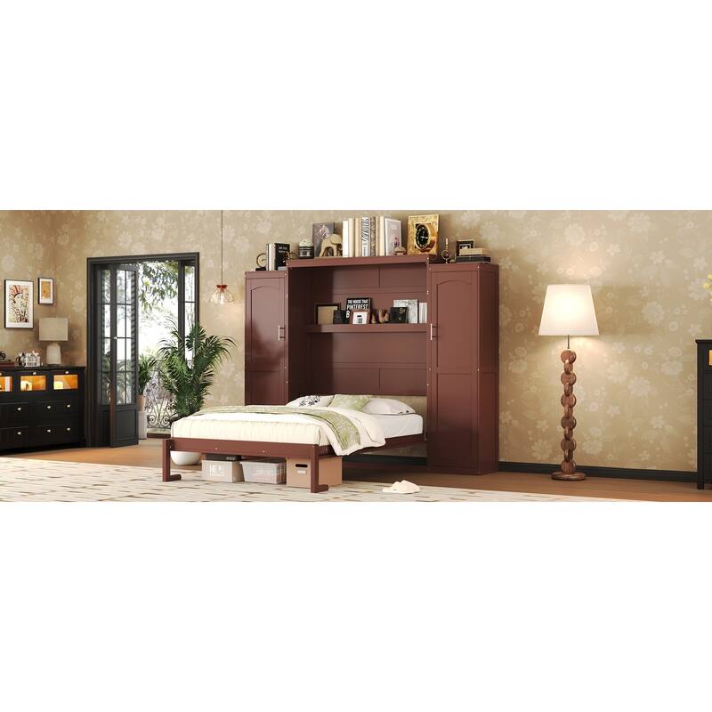 Full Size Murphy Bed, Wooden Full Wall Bed with 2 Wardrobe and Storage Shelf, Multifunctional Foldable Platform Bedframe