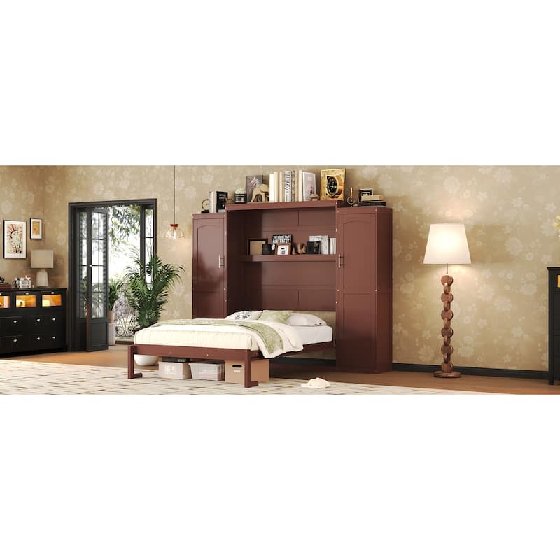 Murphy Bed, Wooden Wall Bed with 2 Wardrobe and Storage Shelf