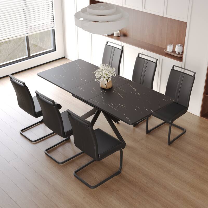 Extendable Dining Table with X-Shaped Metal Legs, Exquisite Table and Chair Set with Upholstered Dining Chairs