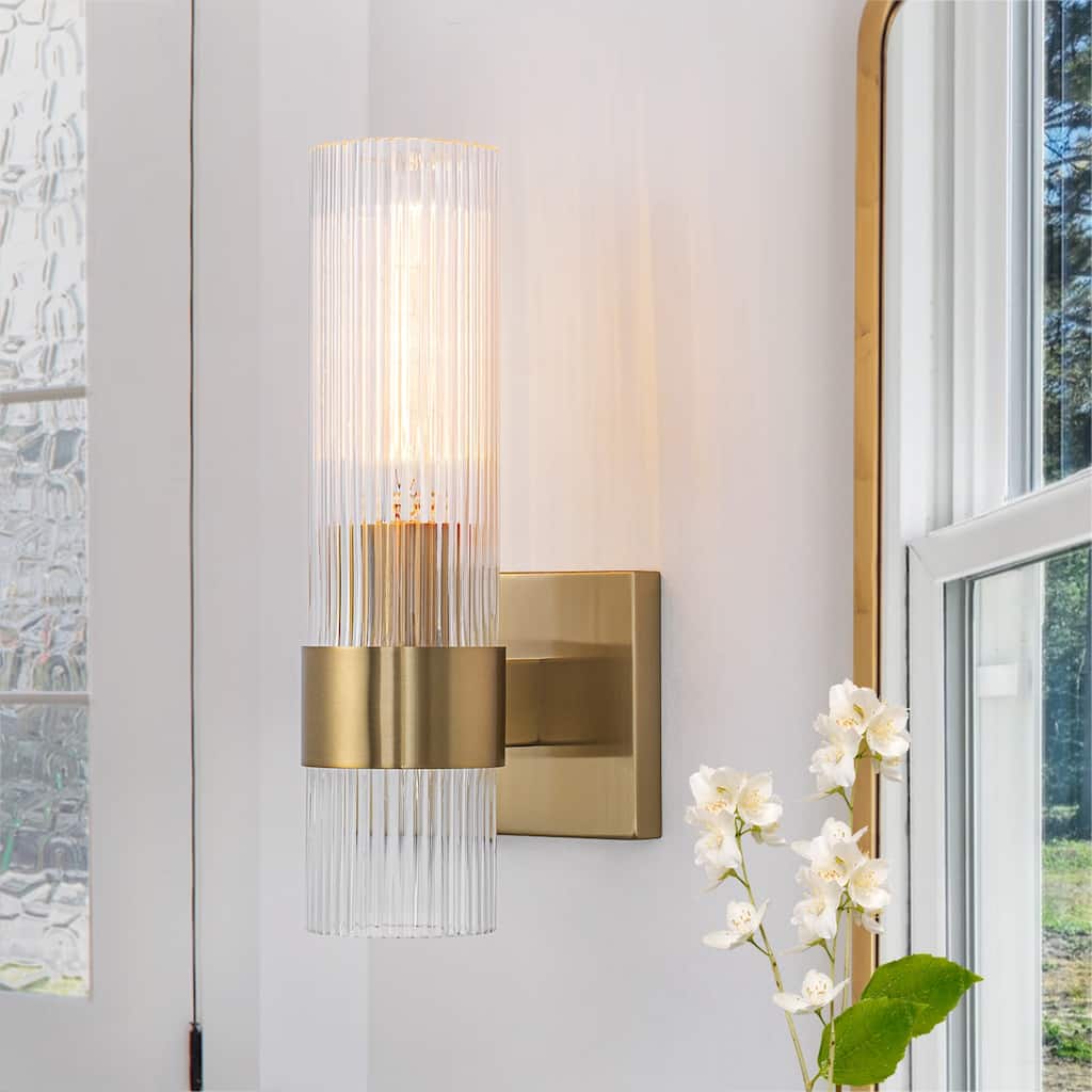 1-Light Modern Wall Sconce with Ribbed Glass Shade