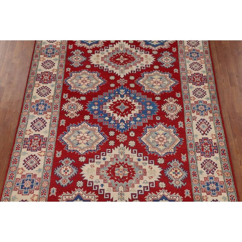 Red Geometric Kazak Rug Hand-Knotted Living Room Wool Carpet - 6'9" x 9'6"