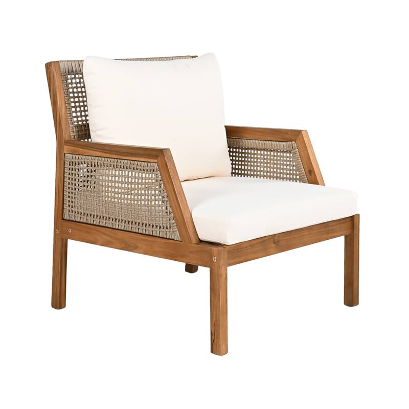 Roomfitters Acacia Wood Outdoor Club Chair with Wicker Accents, Deep Seating, Teak and Mix Brown