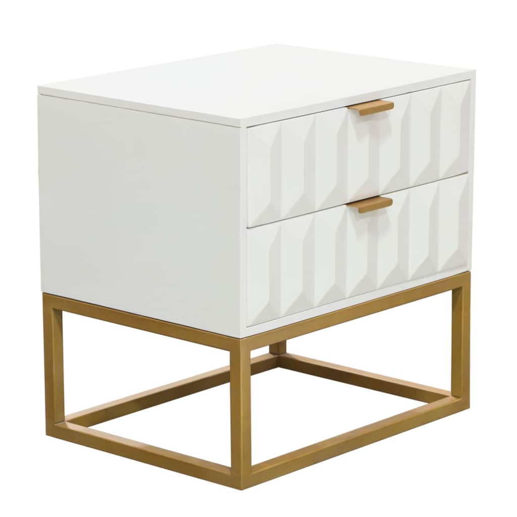 Fiva Nightstand, 2 Drawers, White Solid Mango Wood, Gold Iron Legs
