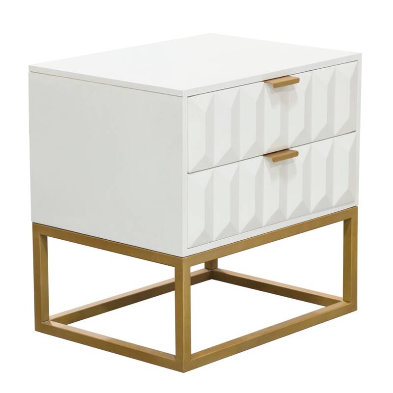 Fiva Nightstand, 2 Drawers, White Solid Mango Wood, Gold Iron Legs