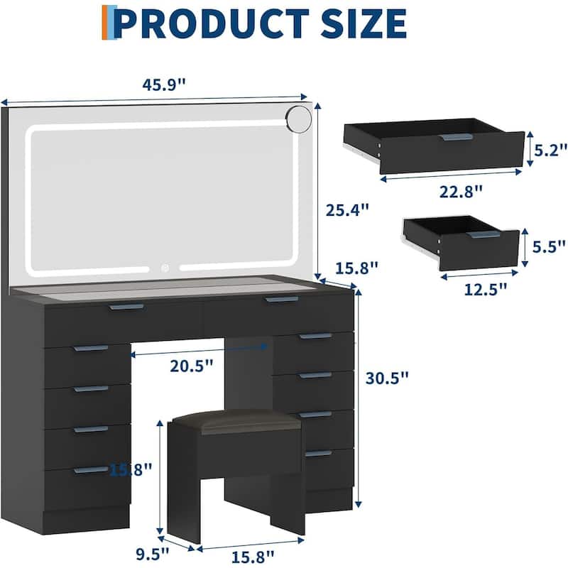 Vanity Desk, Makeup Dressing Table with Large Mirror and Lights