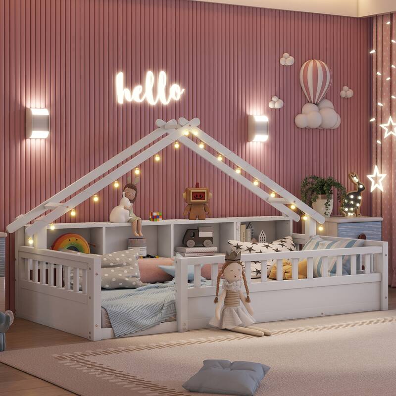 Twin/Full Floor Bed with Storage Bookshelves & Roof Shape for Kids - White - Twin XL
