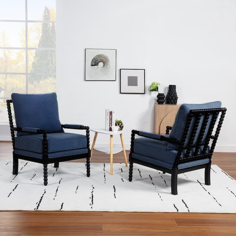 SEYNAR Mid Century Teddy Velvet Fabric Wood Accent Armchair with Cushion Set of 2 - Blue