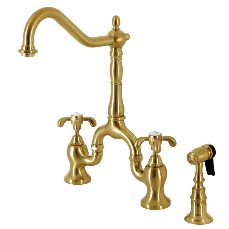 Kingston Brass French Country Bridge Kitchen Faucet with Brass Sprayer - Brushed Brass