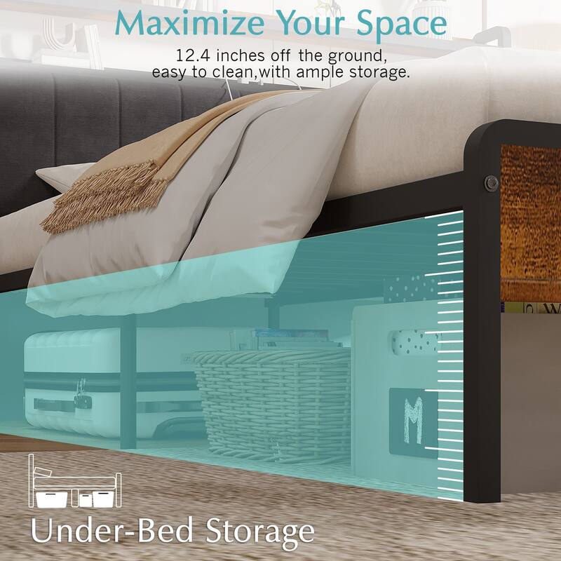 Javlergo Bed Frame with Bench, Bedframes with Charging Staions, Headboard and Storage Bench, LED Lights and Storage Shelves