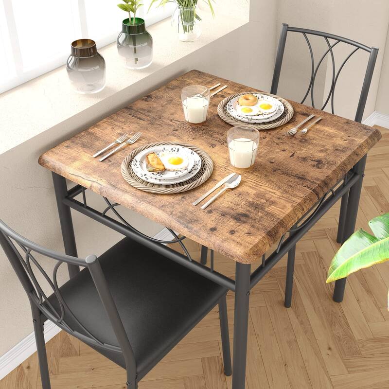 3-Piece Industrial Dining Set, Table with 2 Upholstered Chairs & Metal Legs, Space-Saving Breakfast Table Set