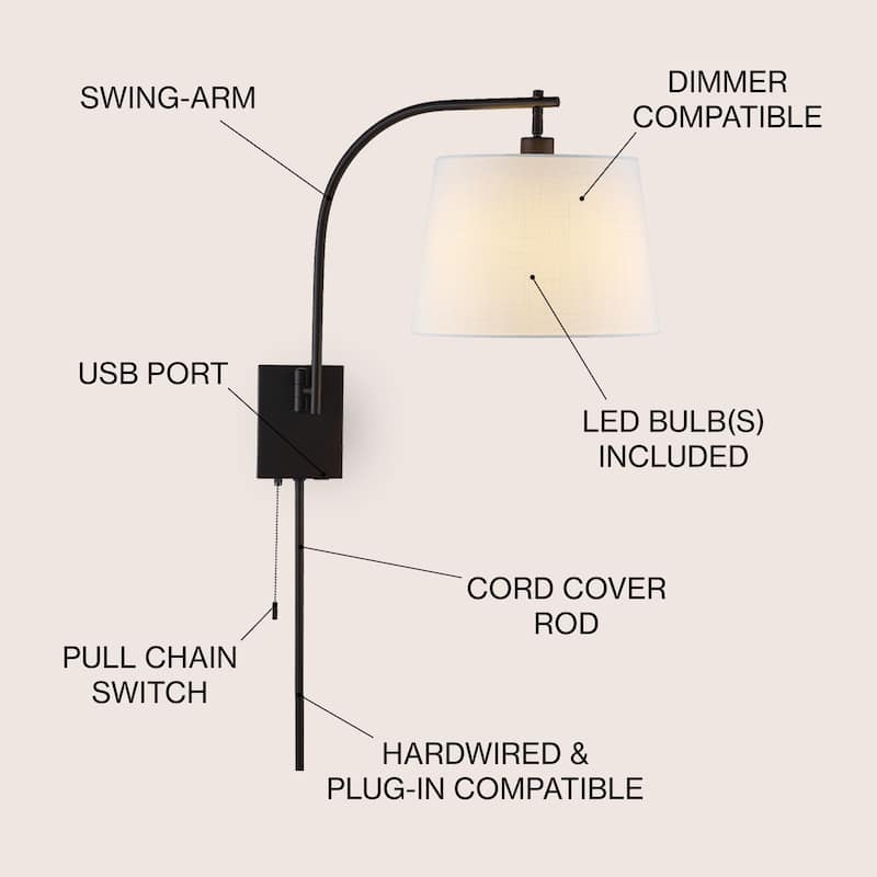 David 22.5" 1-Light Plug-In or Hardwired LED Gooseneck Swing Arm Wall Sconce with Pull-Chain and USB Charging Port by JONATHAN Y - Oil Rubbed Bronze