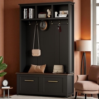 4-in-1 Hall Tree, 6 Gold Hooks, Wood Grain Bench, 2 Drawers, Entryway Organizer, 47.2W x 15.5D x 76.6H