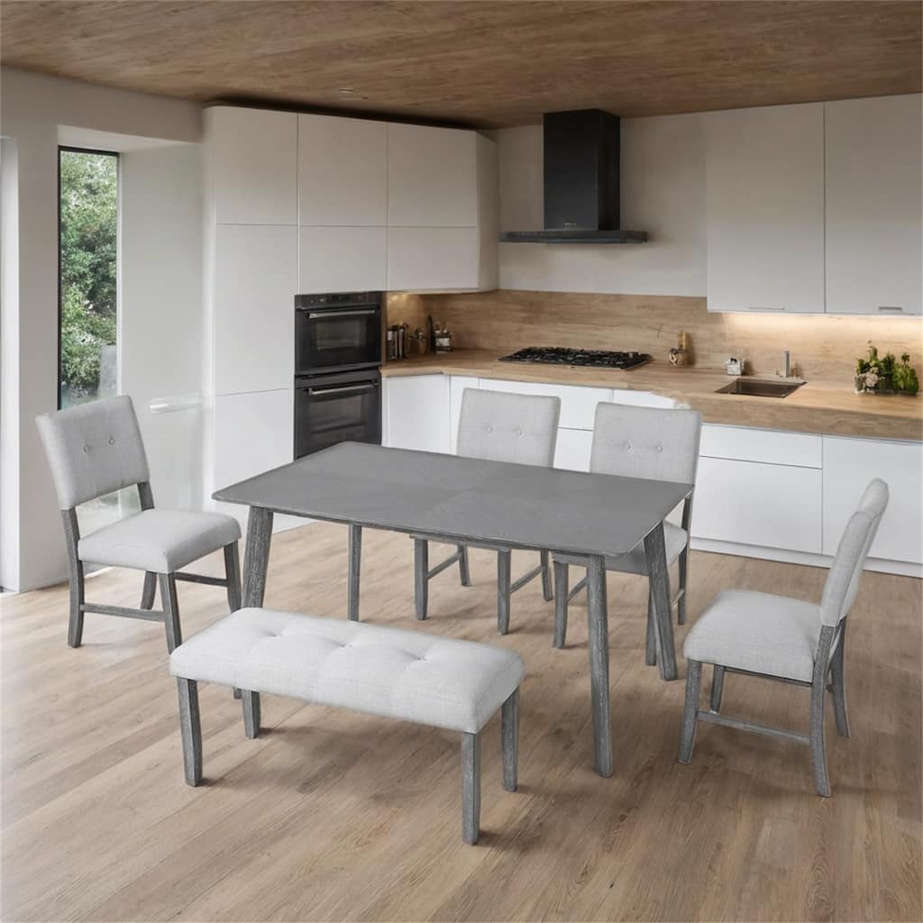 6 Piece Wood Dining Table Set with 4 Upholstered Chairs and Bench