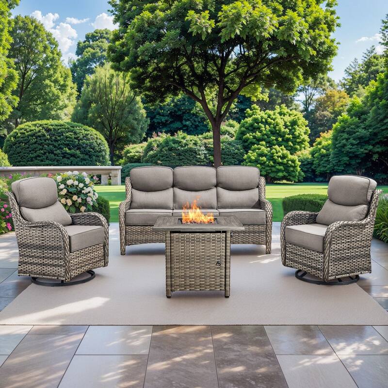 Pocassy 4 Pieces Outdoor 6" Sofa Swivel Chair with Fire Pit Table - Gray Wicker - Gray cushion