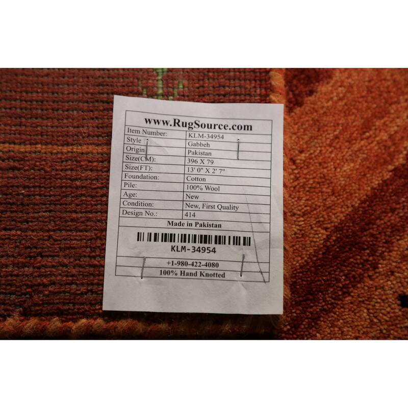 Striped Orange Gabbeh Oriental Runner Rug Hand-Knotted Wool Carpet - 2'7" x 13'0"