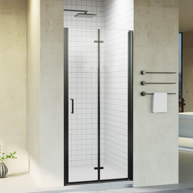 30"/32"/34" W x 72" H Frameless Folding Pivot Shower Door, 6mm Tempered Glass, Matte Black Bifold Bathroom Door - 34x72"