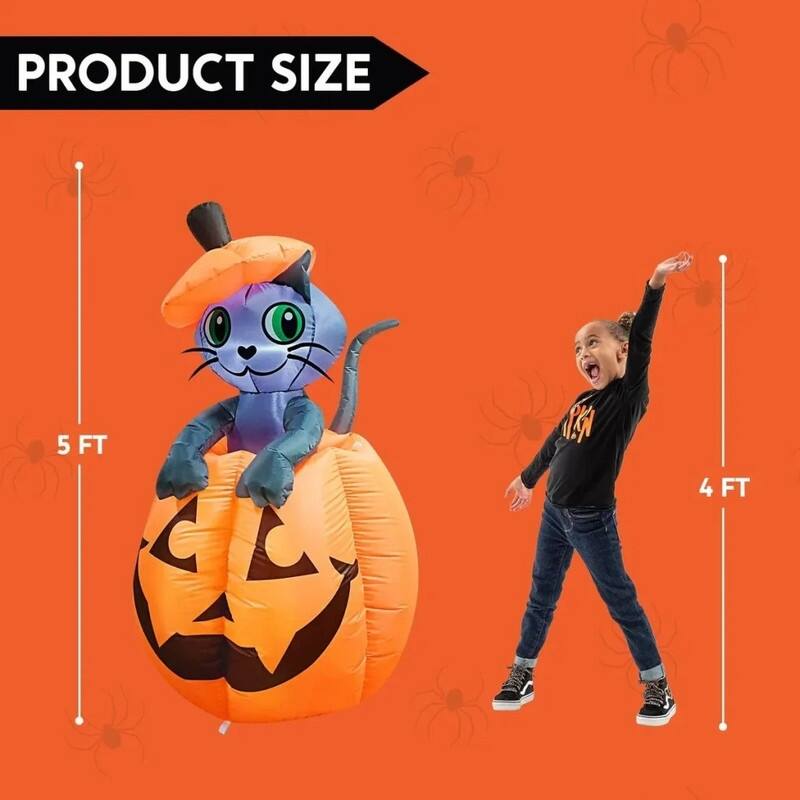 5 ft Halloween Inflatable Kitty Cat On Pumpkin - Multicolor