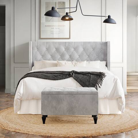 CraftPorch 2 Piece Bedroom Bench Set Velvet Wingback Upholstered Bed