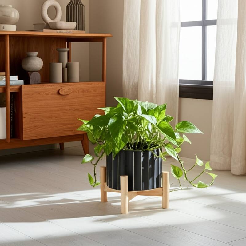 Ceramic Fluted Planter with Wood Stand - Black - 6.0"