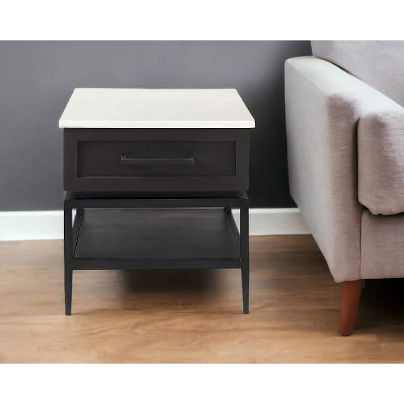 Black White Marble End Table with Drawer and Shelf 22 Inch - 22” x 22” x 22” - Black-White
