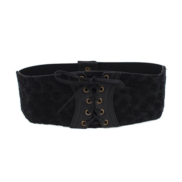 Unique Bargains Lady Press Button Lace Detail Elastic Corset Waist Cinch Lace Up Belt Band Black