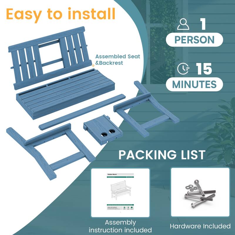 HDPE 2 Person Patio Bench with foldable Cup Holder and Functional Center Panel