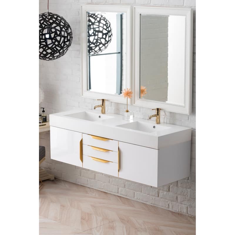 James Martin Vanities Mercer Island 59" Double Vanity, Glossy White with Radiant Gold Hardware