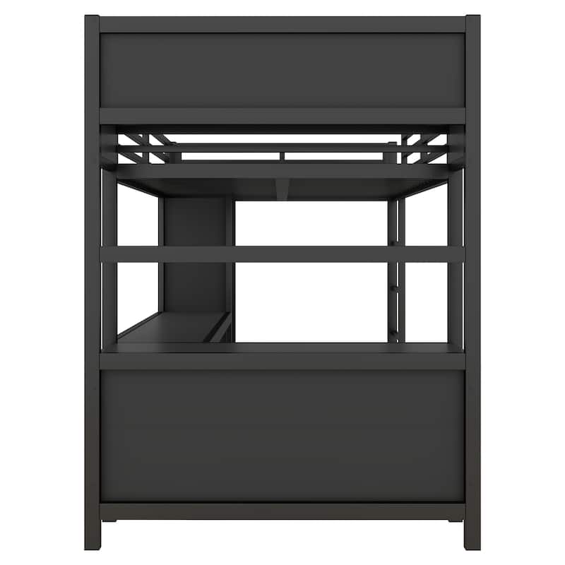 Full Size Metal Loft Bed with Wardrobe, L-shaped Desk, and Storage Shelves for Kids, Teens, and Adults, Black