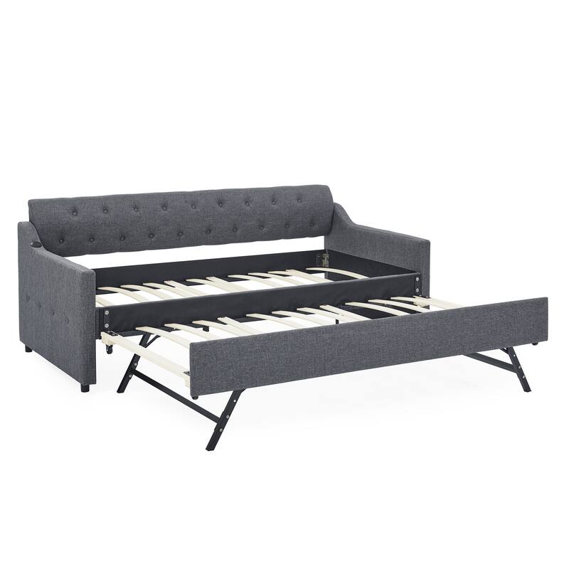 Twin Size Upholstery Daybed with Erectable Trundle & USB Design