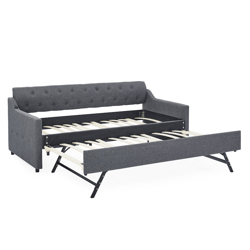 Upholstery Daybed with Twin Size Erectable Trundle and USB Charging Design