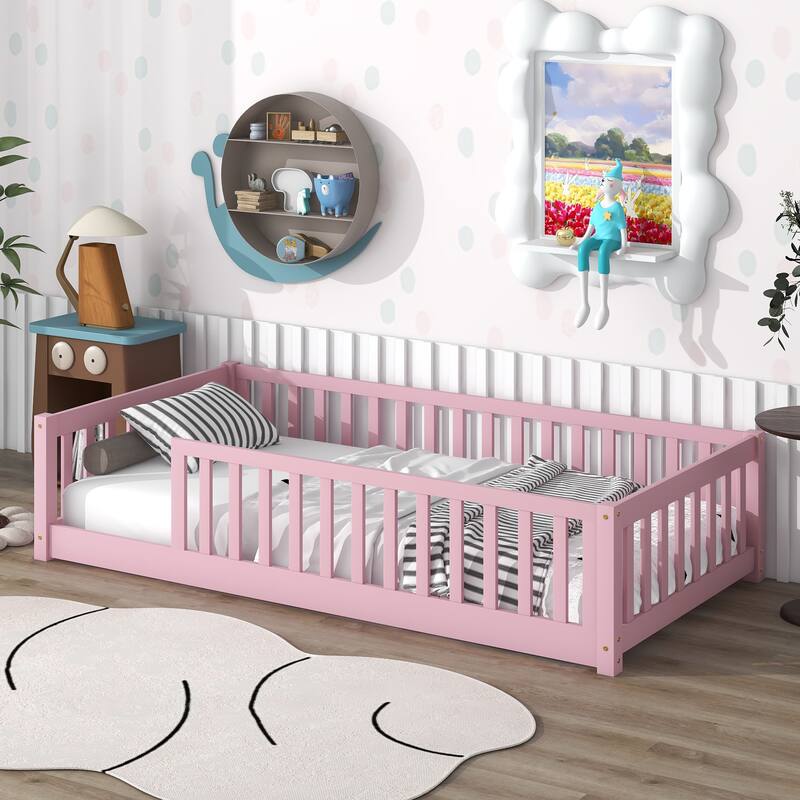 Twin Floor Platform Bed with Fence without Door