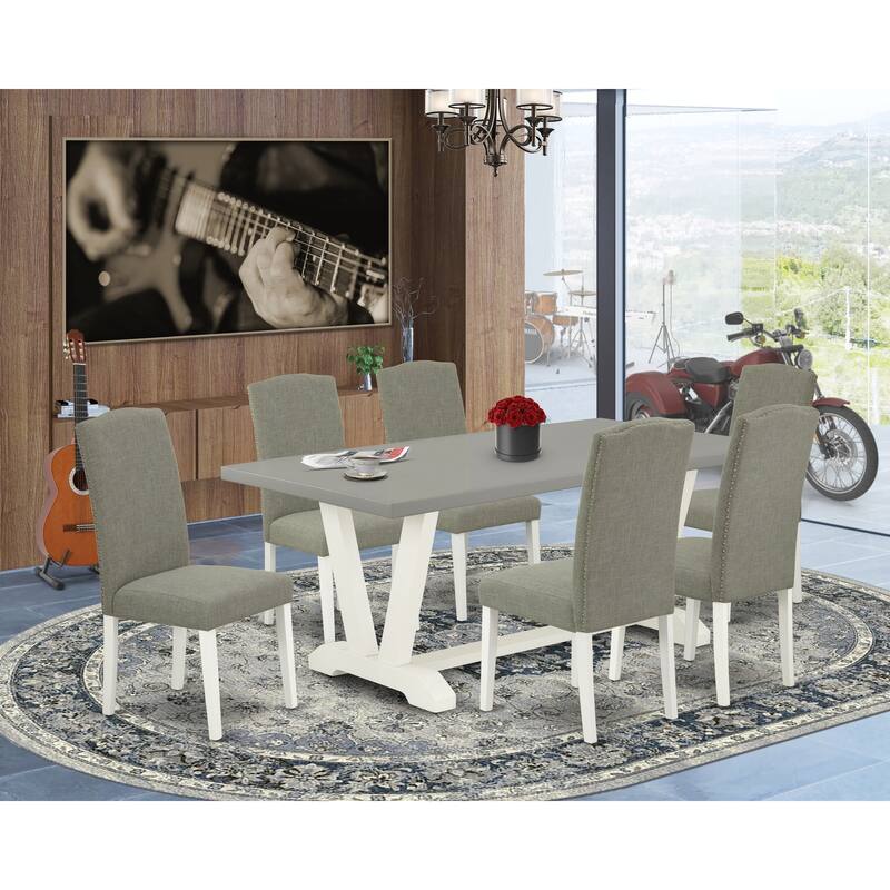 East West Furniture Dining Table Set- a Dining Table and Dark Shitake Linen Fabric Chairs, Linen White(Pieces Options)