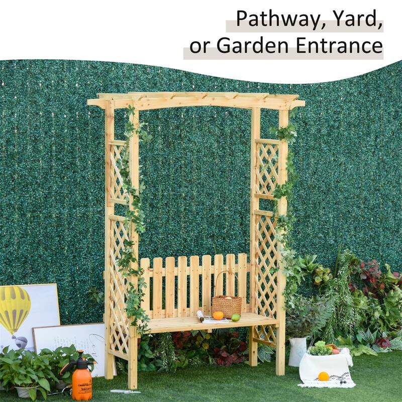 Natural Fir Wood Garden Bench Arch for Seating and Flower Display - 59.75" L x 28.25" D x 81.5" H