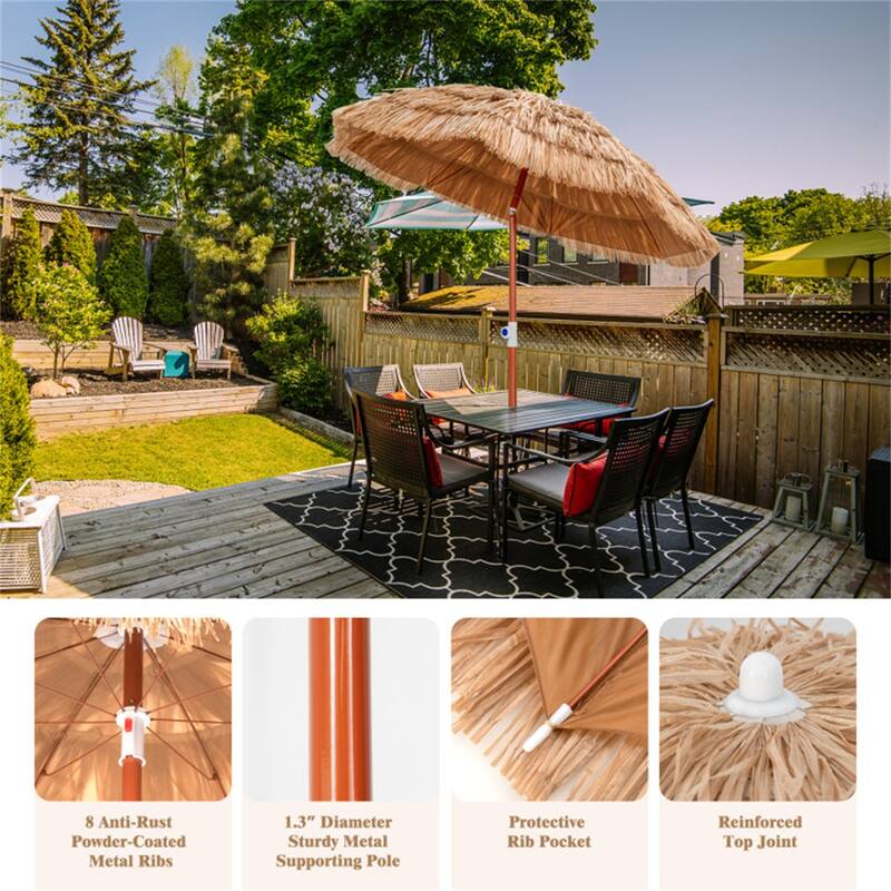 6 ft Portable Thatched Tiki Beach Umbrella with Tilt and Adjustable Height for Patio or Pool