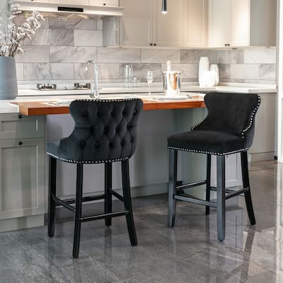 Velvet Wingback Bar Stools Set of 2, Button Tufted Dining Chairs with Footrest, Upholstered Counter Stools with Wooden Legs