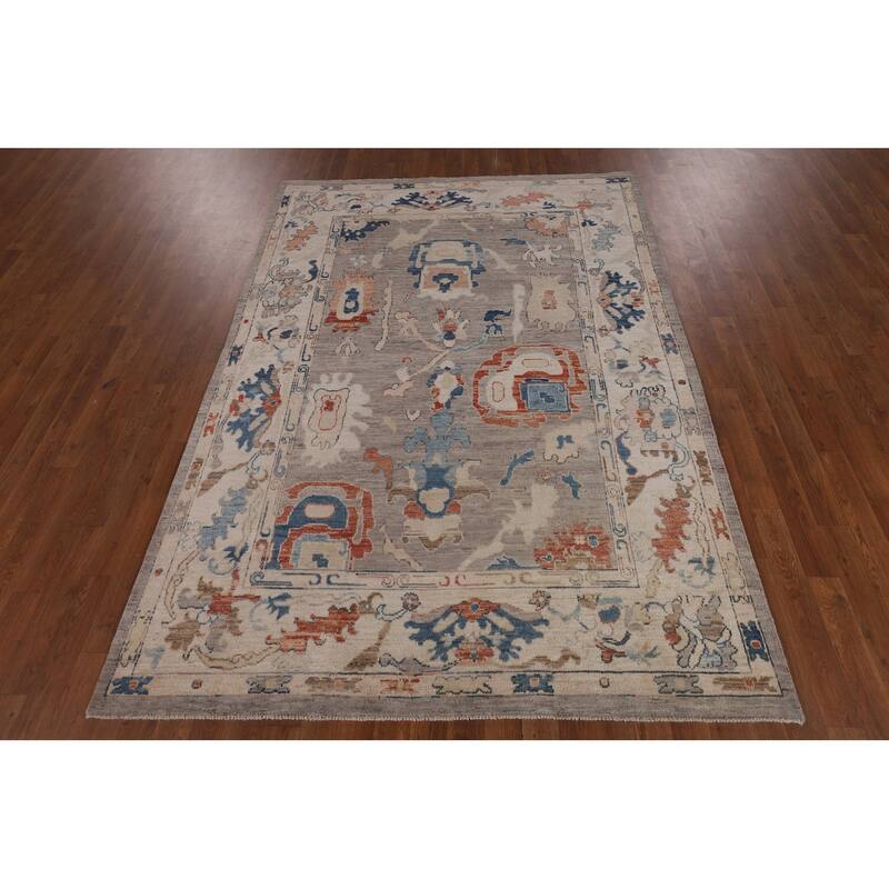 Vegetable Dye Grey Oushak Turkish Area Rug Handmade Floral Wool Carpet - 5'4"x 7'8"