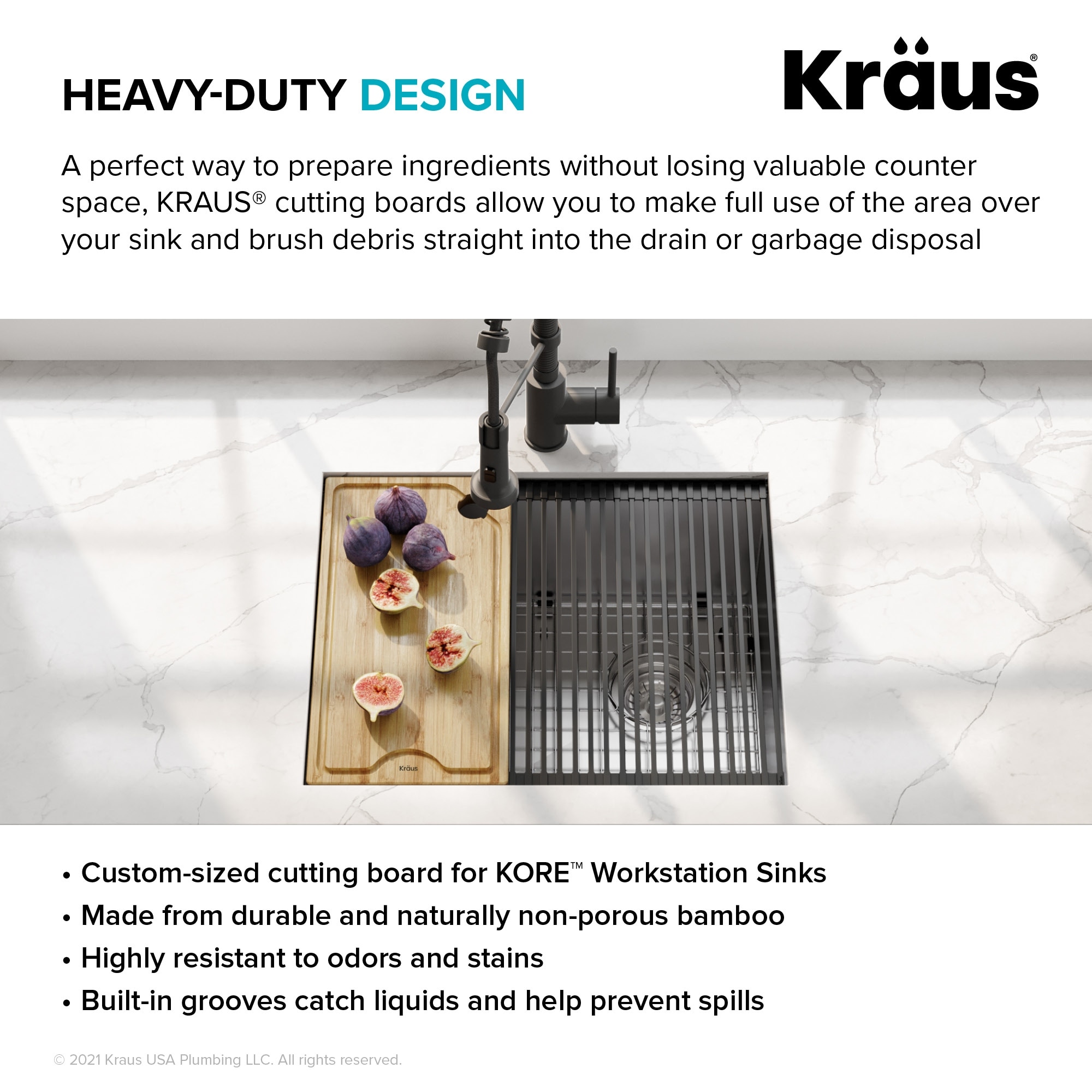 Organic Solid Bamboo Cutting Board with Built-In Grooves - Designed for  Kraus Kitchen Sink Workstations by Kraus