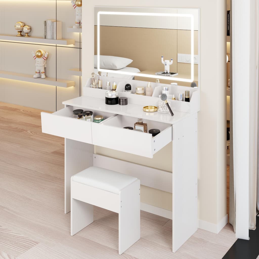 31" x 20" Extra Large LED Mirror Makeup Vanity Table with Stool, Touch Control, Adjustable Brightness & Storage