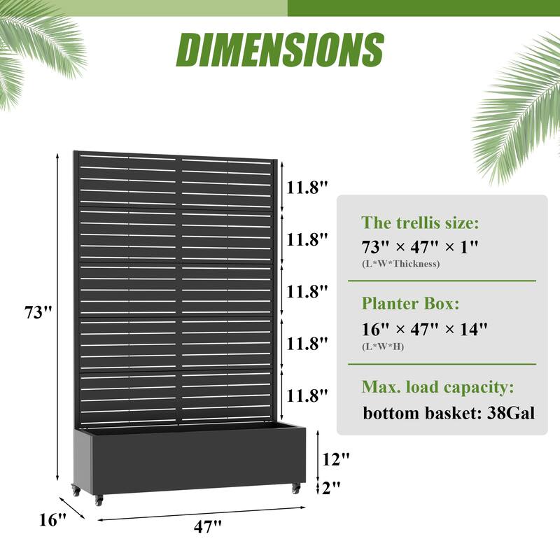 Metal Galvanized Planter Box with Trellis Privacy Screen Lockable Wheels