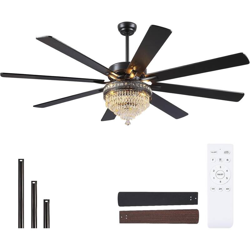 62" Modern Crystal Chandelier Ceiling Fan Light,Reversible Airflow,E12 Bulbs,for Living Room Bedroom,Kitchen,Patio - 72 Inches-DC Motor - Black