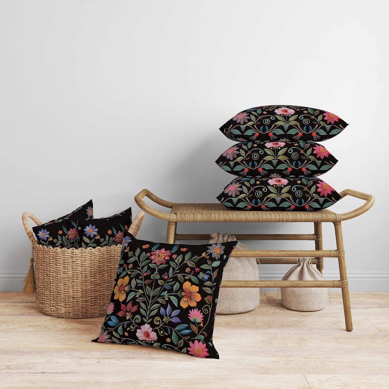 Symmetrical Flora Faux Suede Reversible Throw Pillow Black and Pink