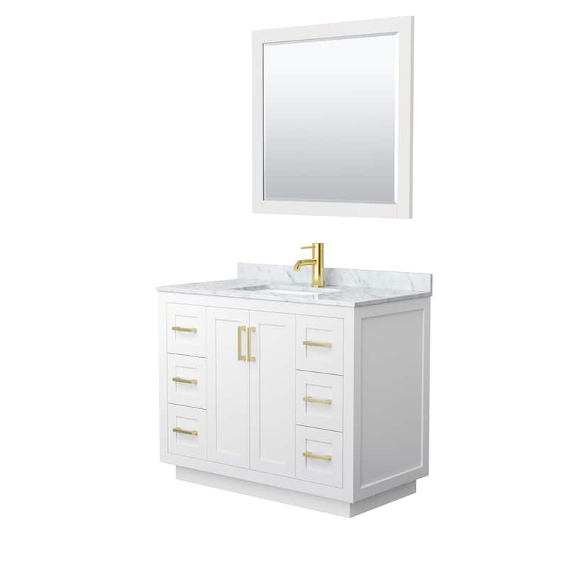 Miranda Single Vanity Set, White Carrara Marble Top, 34-Inch Mirror - 42-Inch Single - White, Gold Trim, White Carrara Marble Top