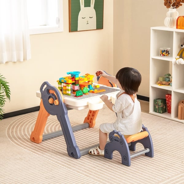 slide 2 of 9, 6-In-1 Folding Kids Art Easel with Reversible Building Block Tabletop - 28” x 25.5” x 27” Dark Grey