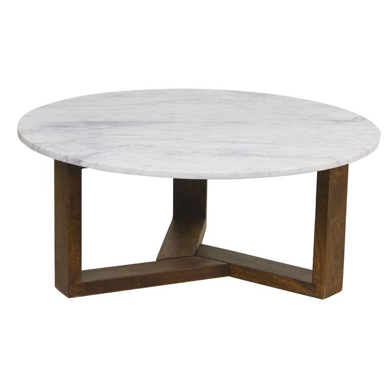 Fina Table, Round White Genuine Marble Top, Natural Brown Mango Wood 3 Leg Sled Base