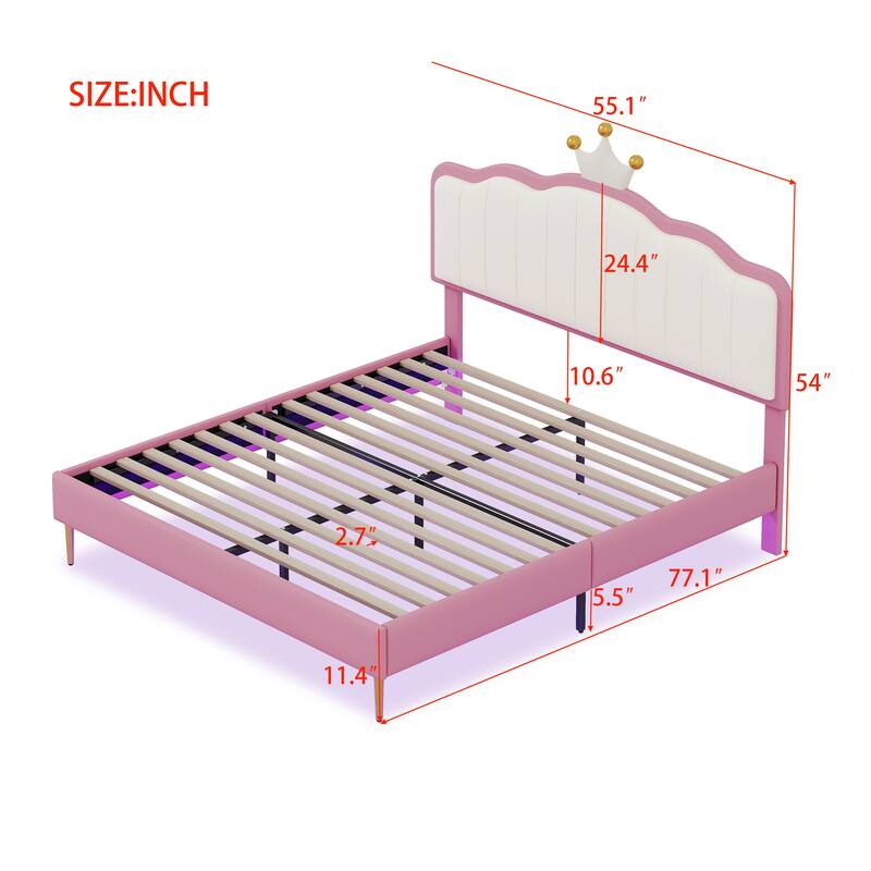 Twin/Full Size Upholstered Kids Princess Bed with Crown Headboard, PU Leather Platform Bed Frame with Light Strips