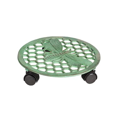 12"D Distressed Verdigris Metal Rolling Plant Trolley, Bee